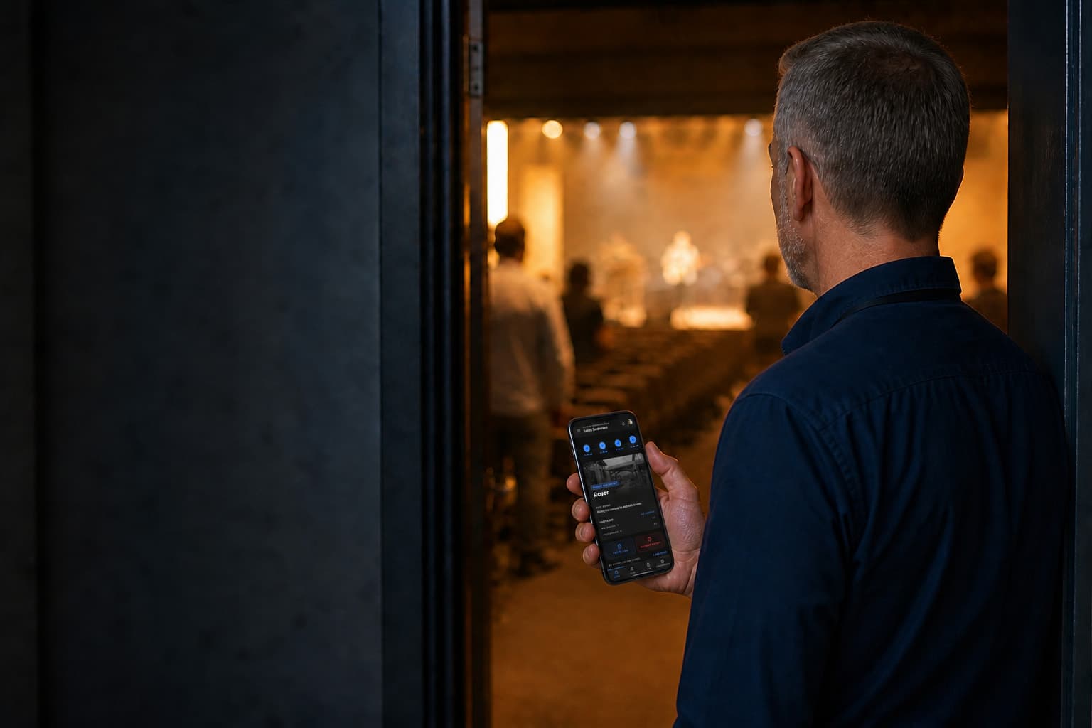 A man in a dark shirt stands in a sanctuary doorway with his back to the camera, watching the service from the threshold, a phone in his hand showing the N4 Safety On Duty screen.
