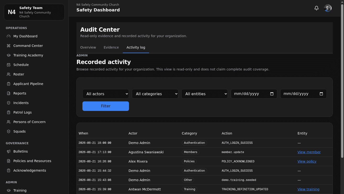 N4 Safety Audit Center Activity log tab on a desktop, with actor, category, entity and date-range filters above a recorded-activity table of When, Actor, Category, Action and Entity columns.