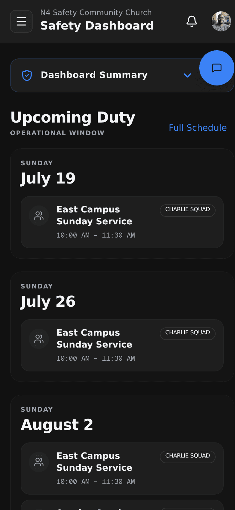 N4 Safety member dashboard on a phone, showing a collapsed Dashboard Summary panel above an Upcoming Duty list of dated Sunday cards, each an East Campus Sunday Service from 10:00 AM to 11:30 AM tagged Charlie Squad.